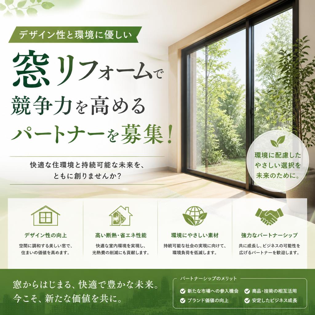 デザイン性と環境に優しい窓リフォームで競争力を高めるパートナーを募集！